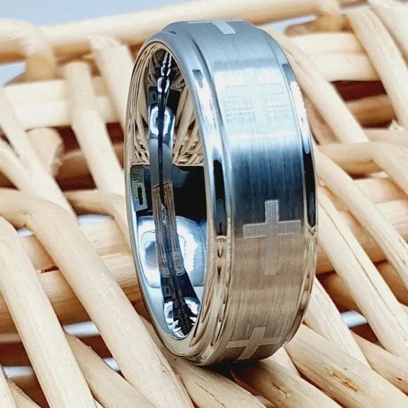 "Cross Silver Tungsten Wedding Band, GALTUN089 - Picture 2 of 5